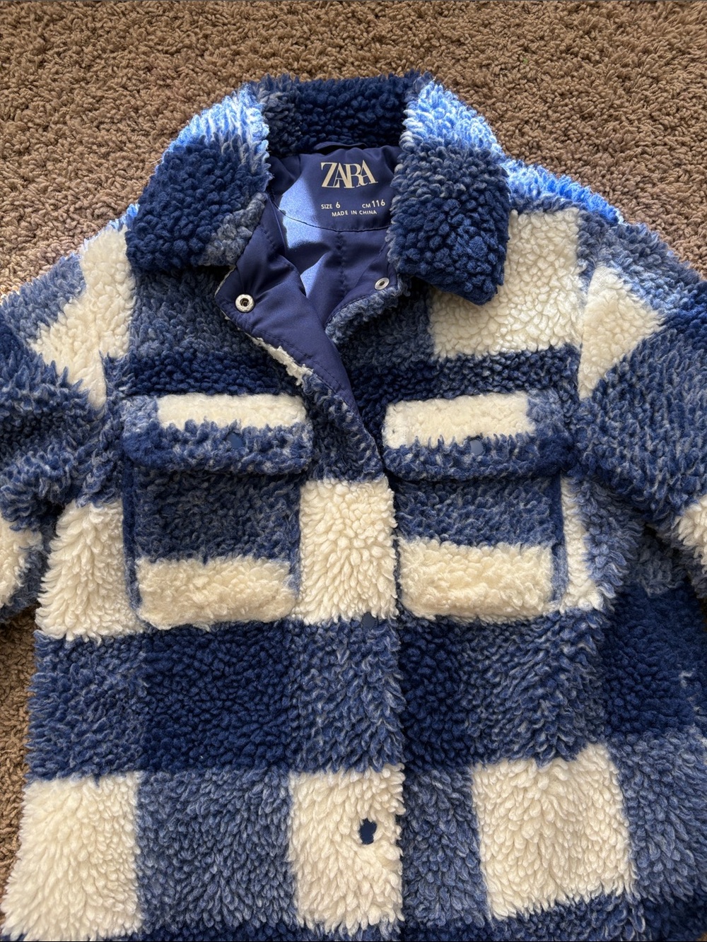 ZARA Blue & White Check Sherpa Puffer Jacket - Picture 3 of 5